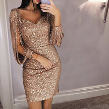Load image into Gallery viewer, Tassel Lantern Sleeve Sequin Dress Women Sexy V Neck Bodycon Dresses Summer Spring Stylish Party Dress Sequined Vestido