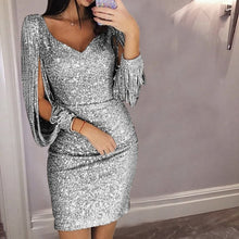 Load image into Gallery viewer, Tassel Lantern Sleeve Sequin Dress Women Sexy V Neck Bodycon Dresses Summer Spring Stylish Party Dress Sequined Vestido