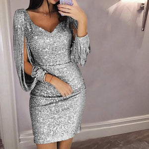 Tassel Lantern Sleeve Sequin Dress Women Sexy V Neck Bodycon Dresses Summer Spring Stylish Party Dress Sequined Vestido